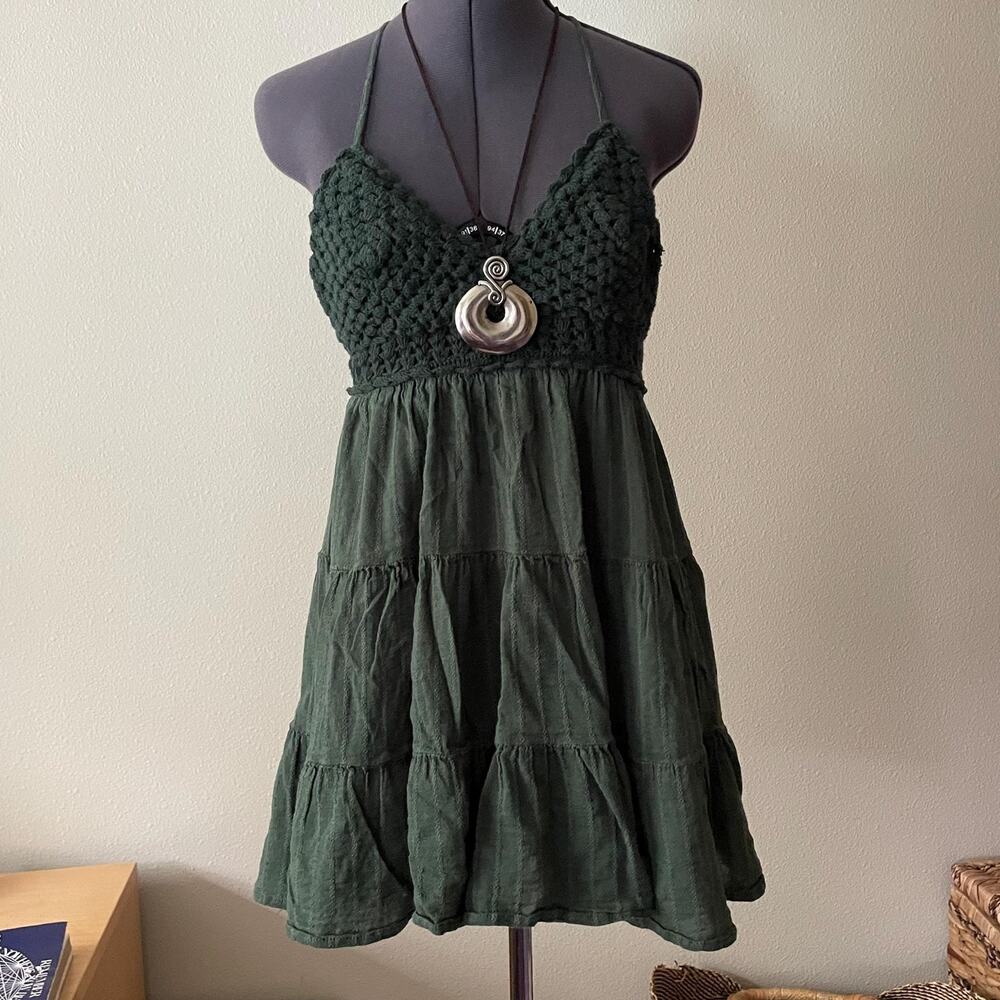Y2K green crochet boho beachy fairy mini dress | size XS